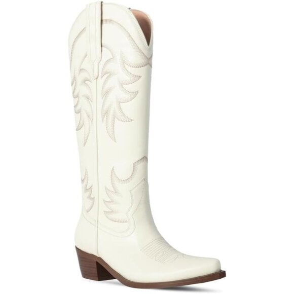 ⚡Women's White Knee High Chunky Heel Pointed Toe Wide Calf Pull On Embroidered - Picture 1 of 5